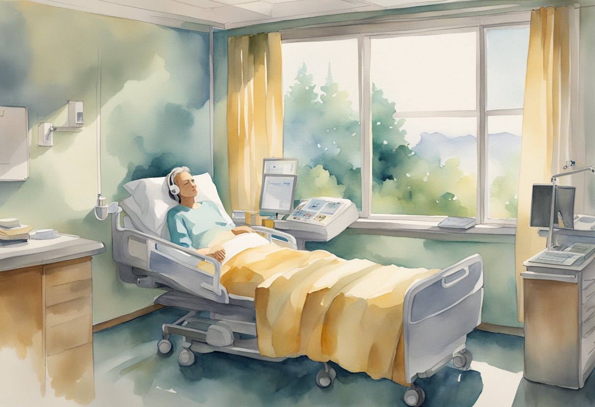 a digital watercolor of a person laying in a hospital bed listening to music