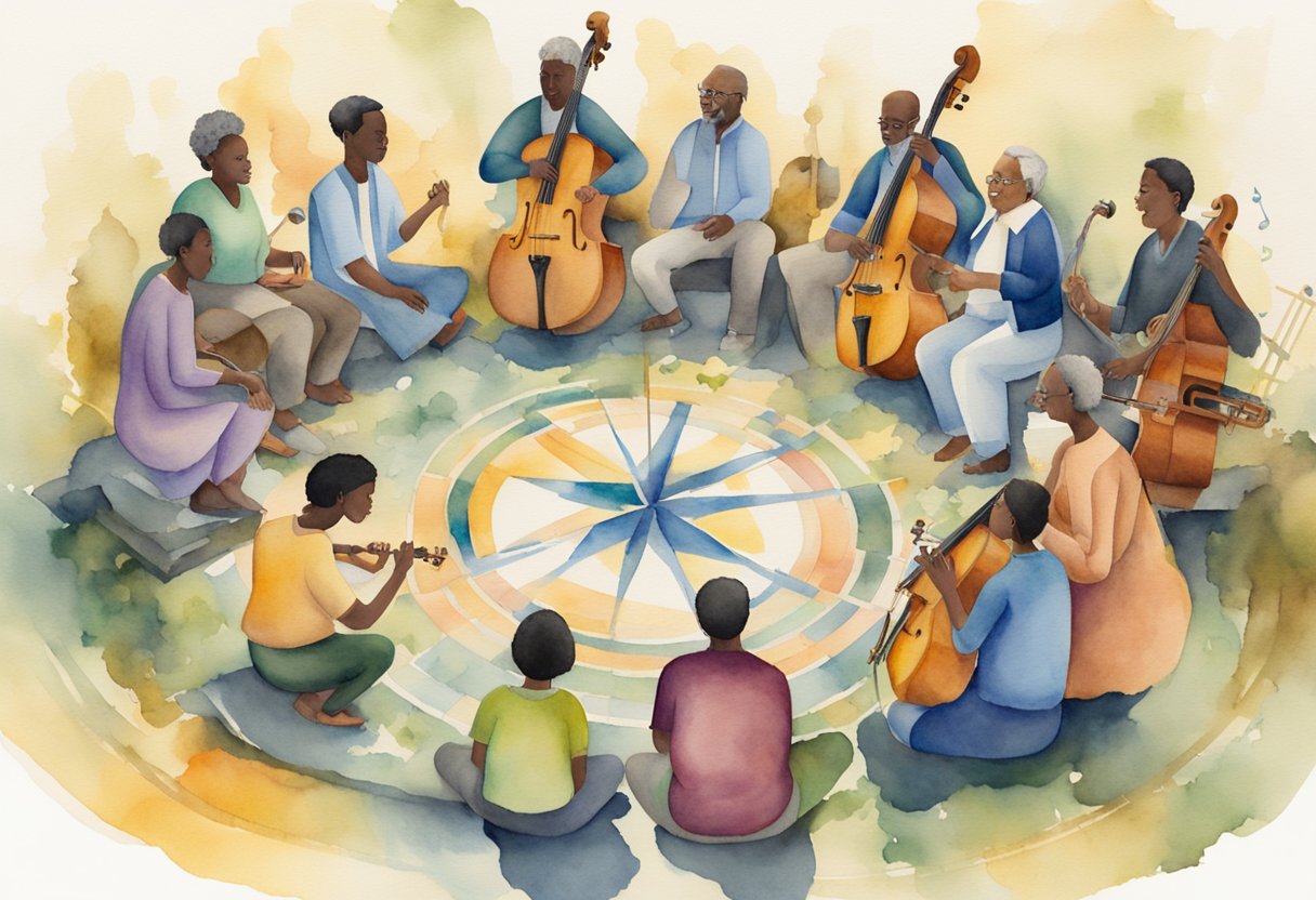 a digital watercolor of a group of people in a musical circle