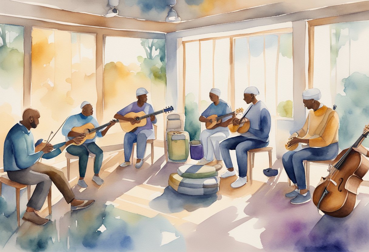 a digital watercolor of a support group playing stringed instruments