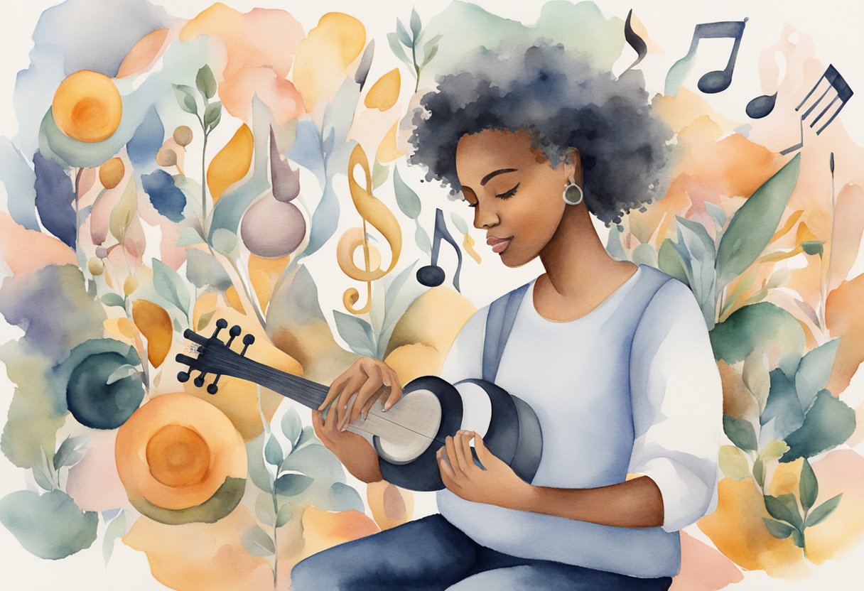 A digital watercolor of a woman playing a small stringed instrument