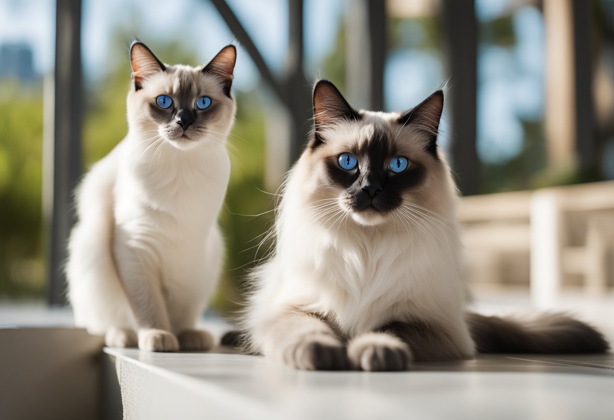 Birman and Siamese Cat sitting side by side.