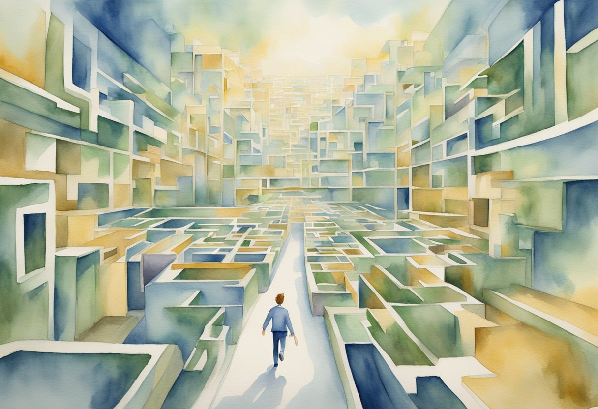 A digital watercolor of a person navigating their way through a maze