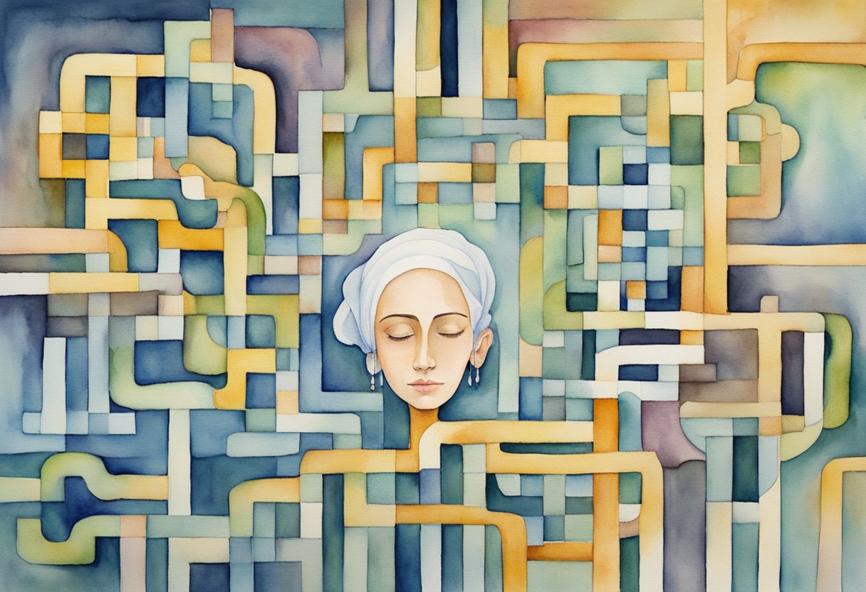 A digital watercolor of of a maze with a persons head as the focal point