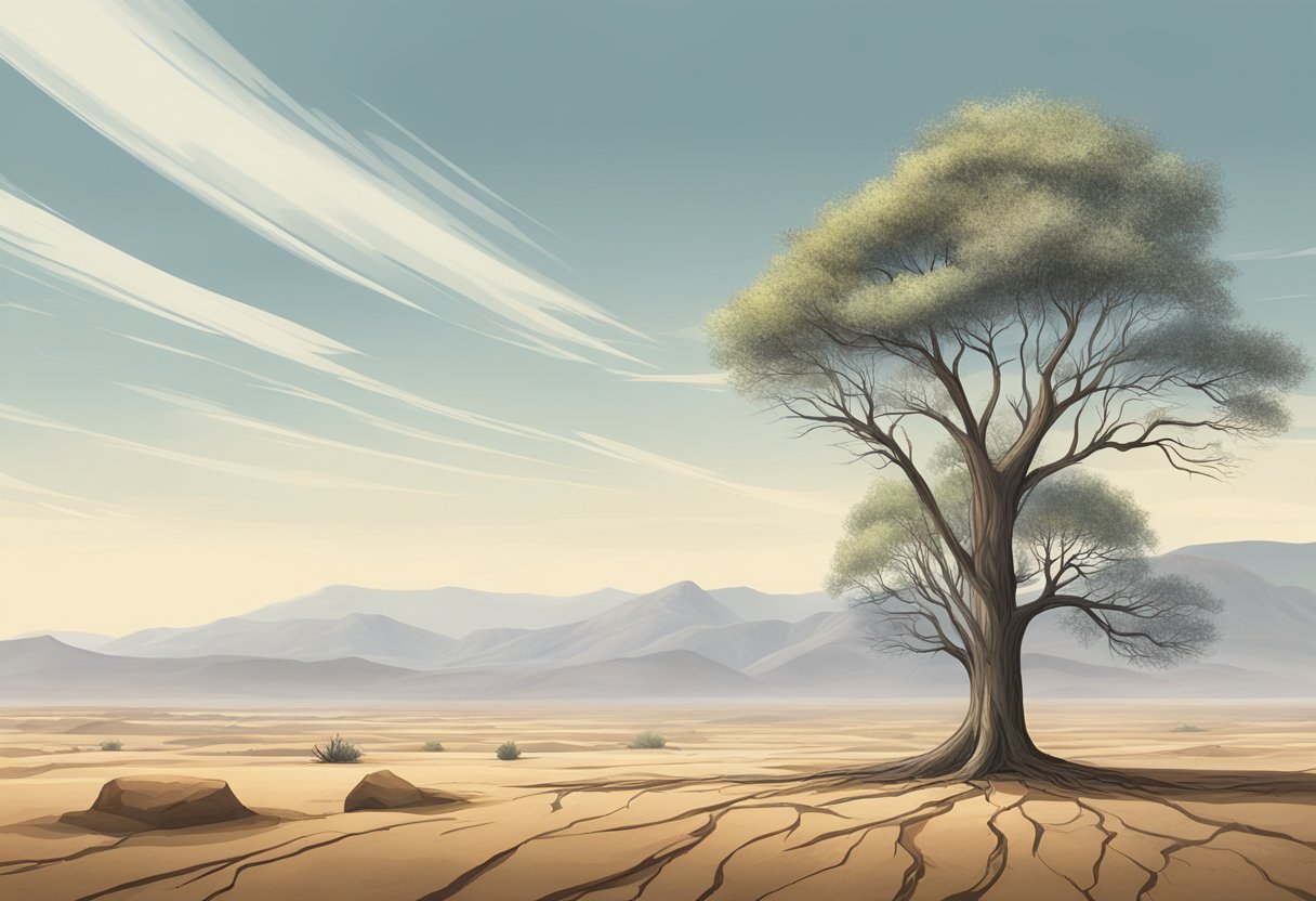 A digital illustration of a tree of life growing in the desert