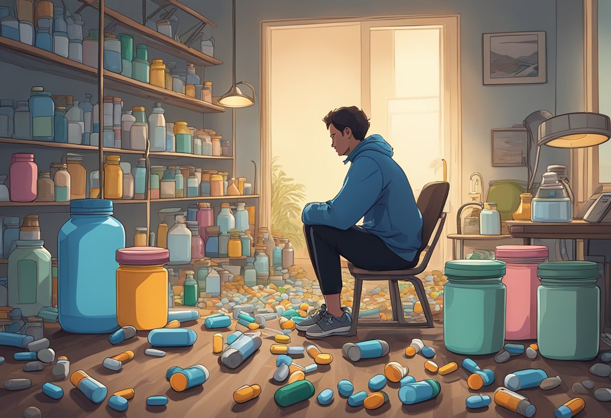 A digital illustration of a a person sitting on a chair amongst a scattered pharmacy