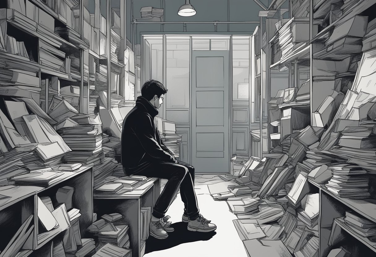 A BW. digital illustration of a person sitting alone amongst a room filled with books and