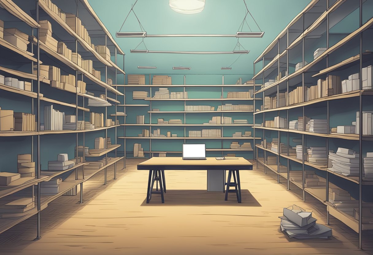 A digital illustration of a library wit a table as the center piece
