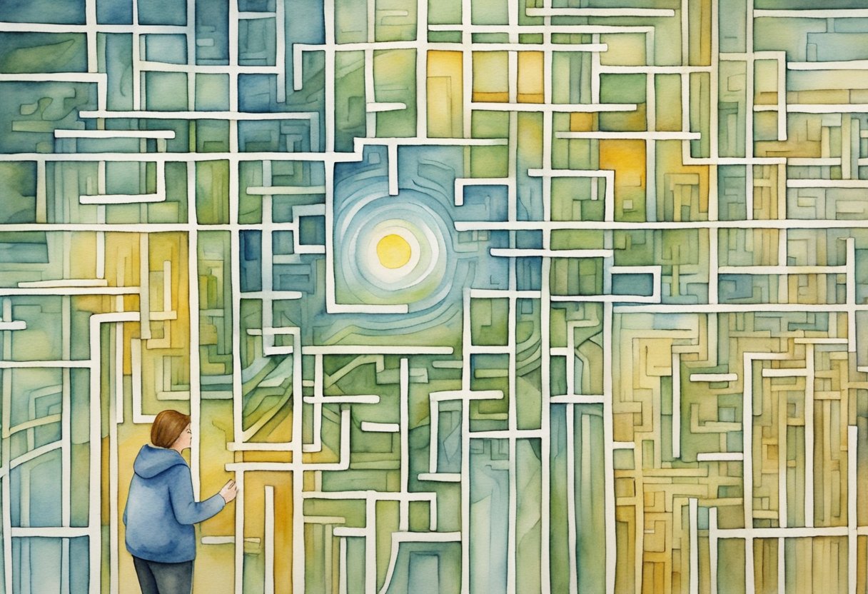 A digital watercolor of a person looking at a vertical maze with the sun as the focal point