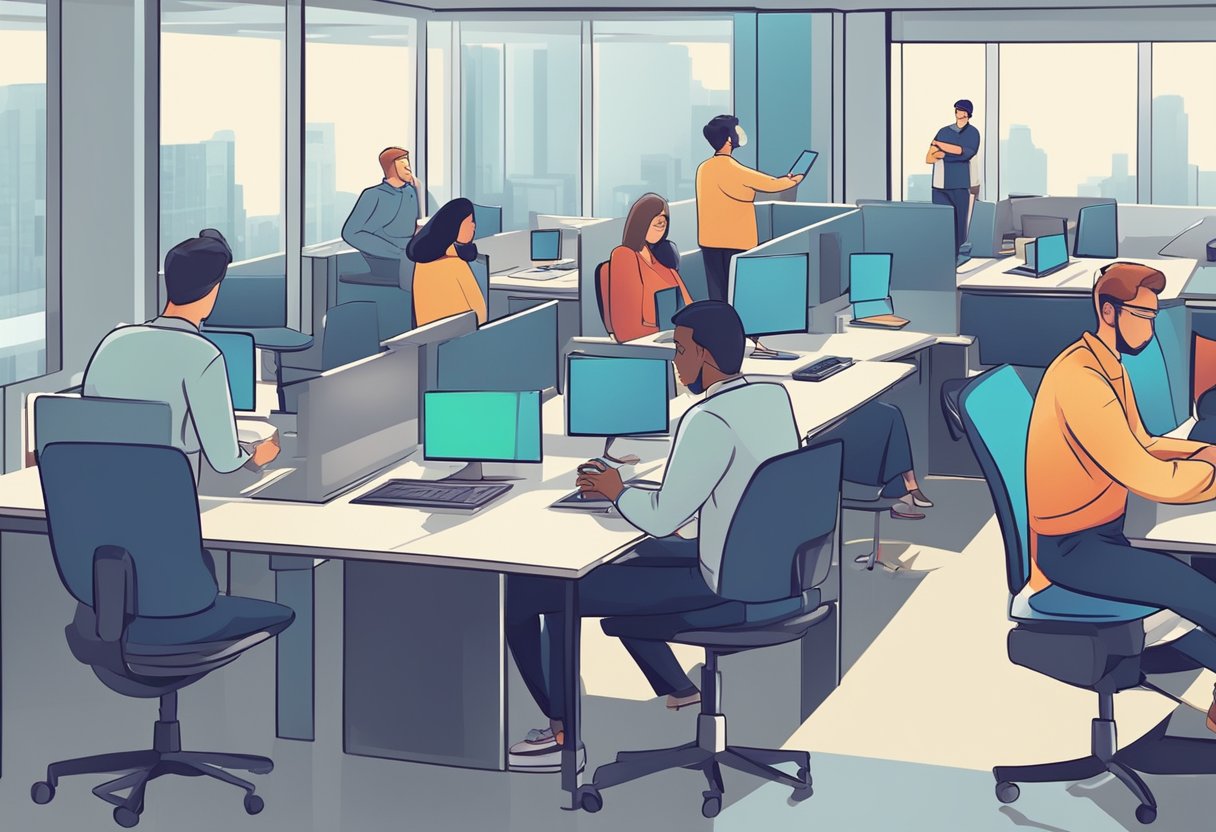 A digital illustration of an office space with people working at computers