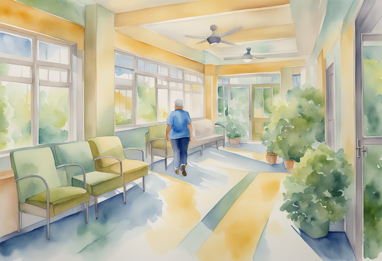 A digital watercolor of a person in a sun filled waiting room