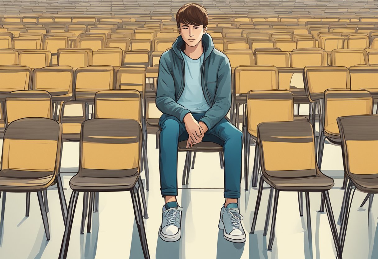 A digital illustration of a person sitting among a sea of empty chairs