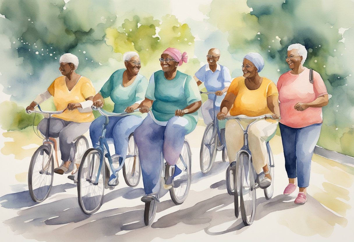 a digital watercolor of a group of people getting exercise