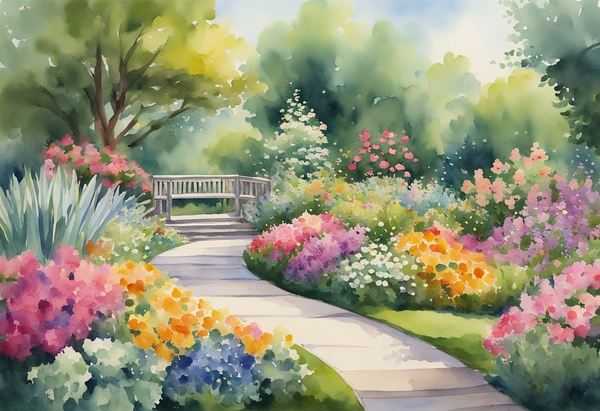 a digital watercolor of a park with flowers and a bench