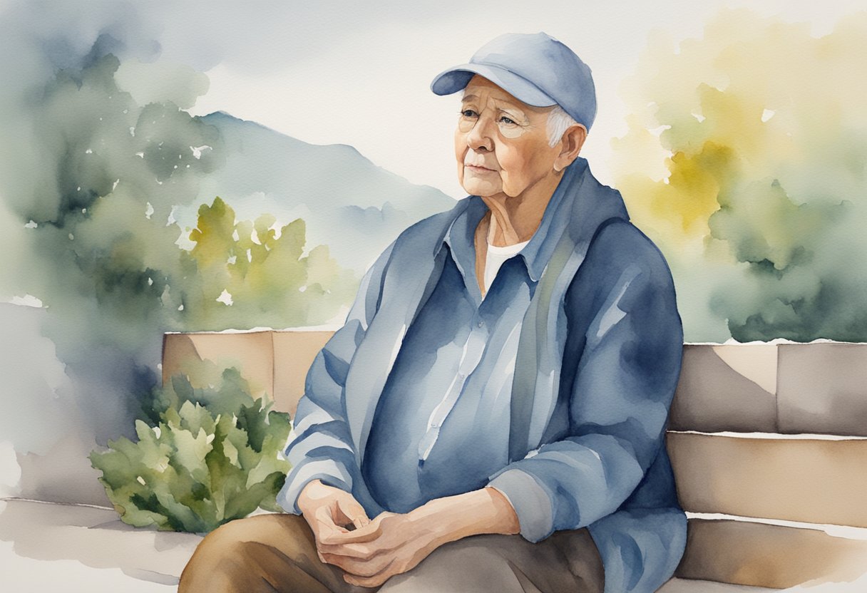 a digital watercolor of a person sitting on a park bench