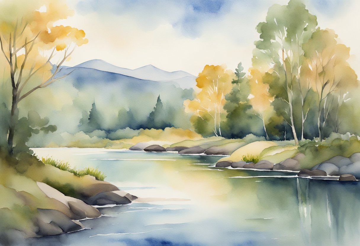 a digital watercolor of a lake and trees