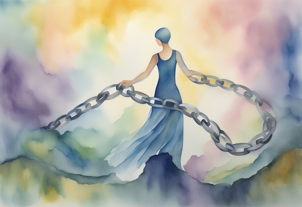 A digital watercolor of a woman and her arms are swinging a chain