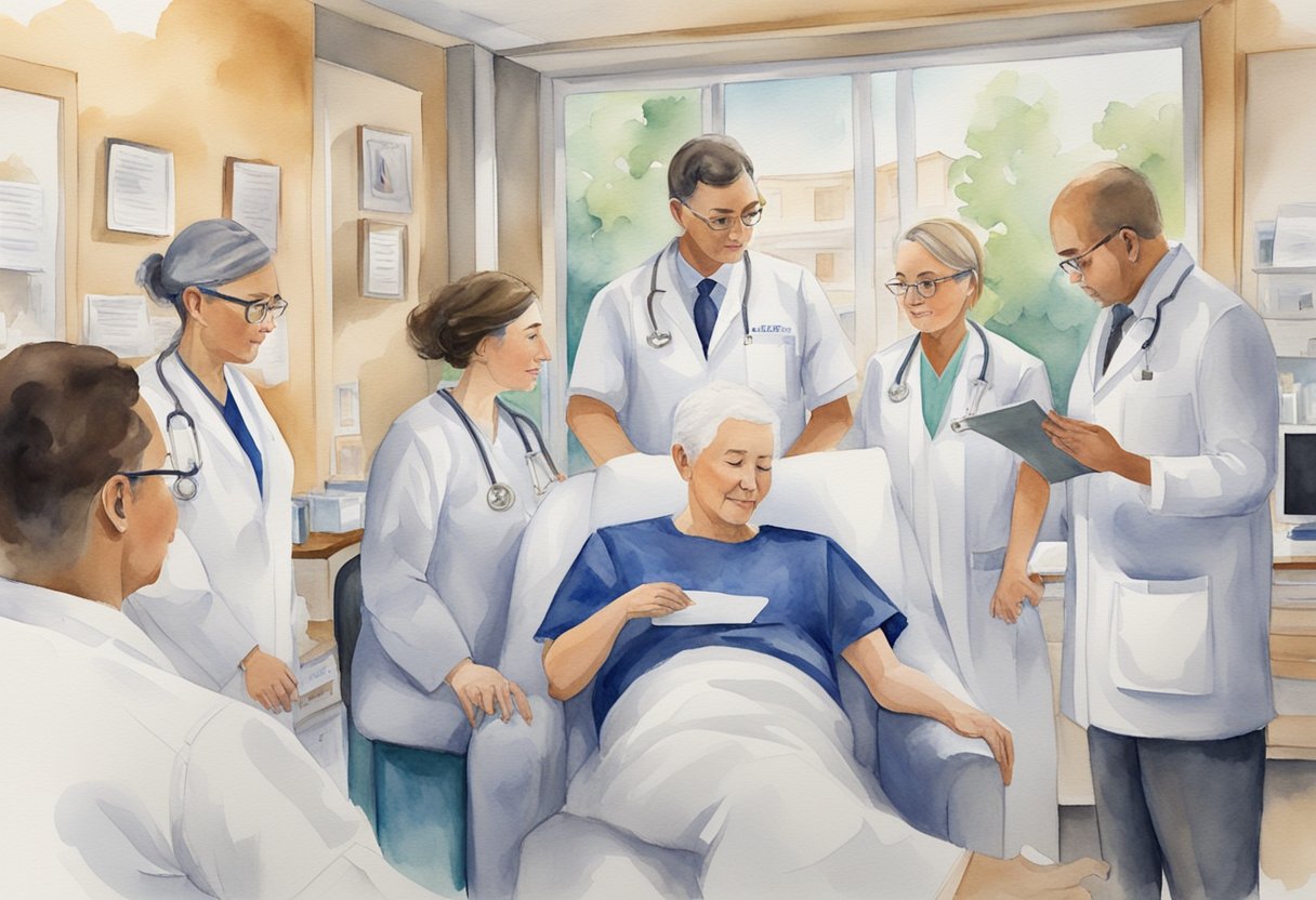A digital watercolor of a hospital patient surrounded by doctors