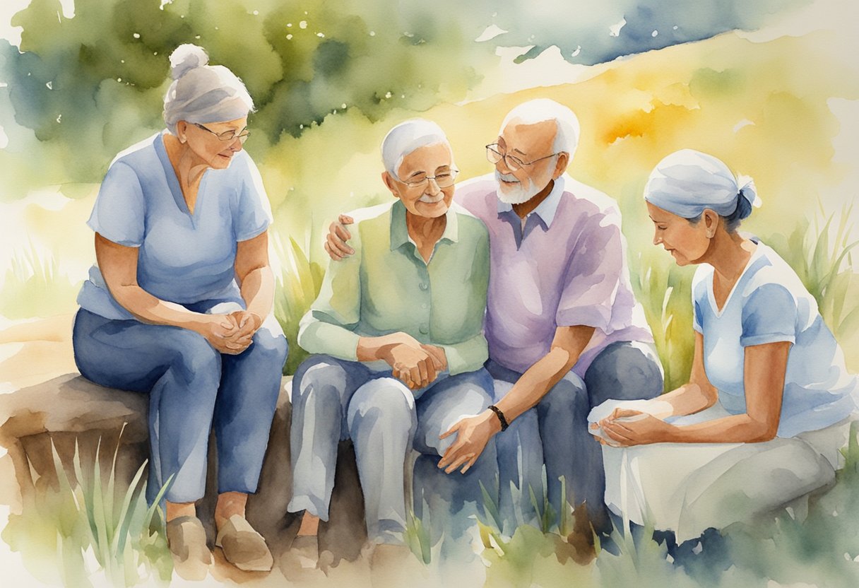 A digital watercolor of a family in nature