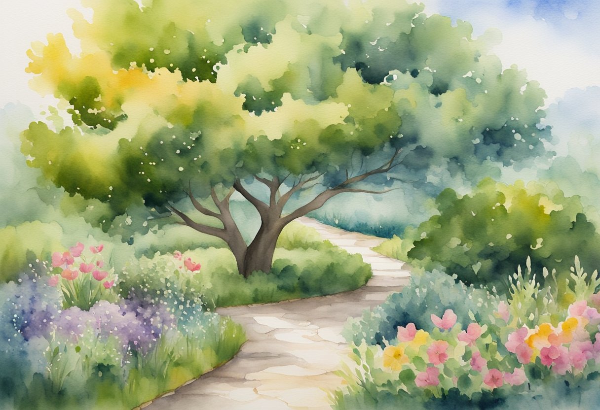 A digital watercolor of a large tree along a path in a park