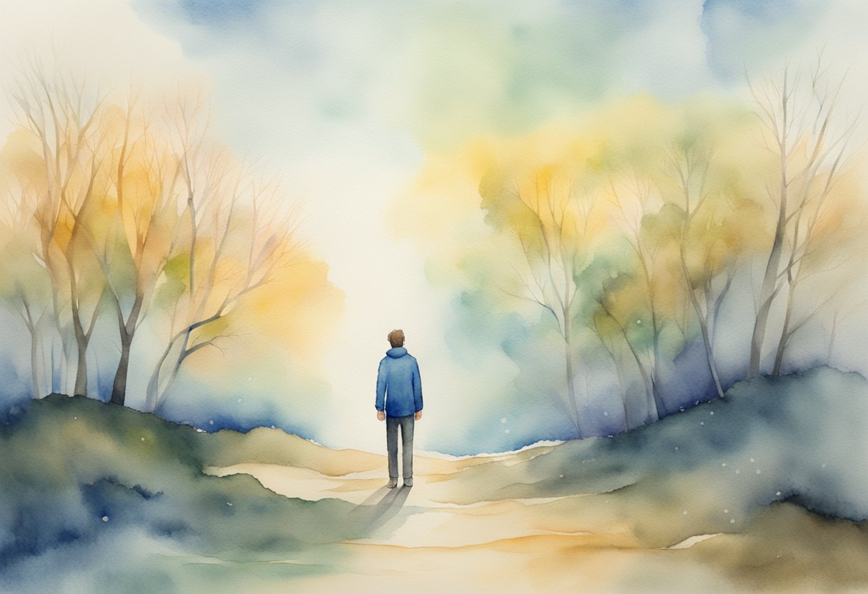 A digital watercolor of a man walking down a path 