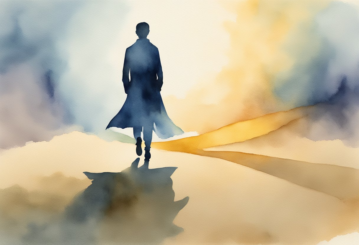 A digital watercolor of a person walking into the light seeing their silloute