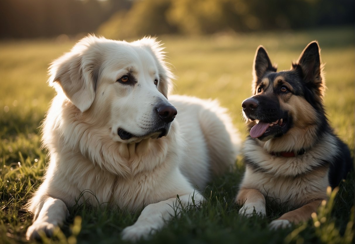 A GSD alongside a Great Pyrenees Dog both happy together.
