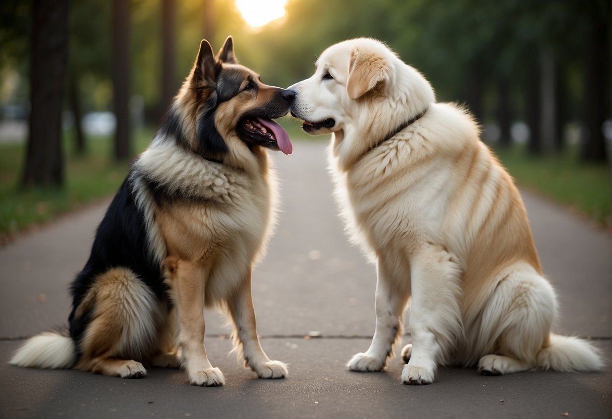 A German Shepherd and a Great Pyrenees standing side by side and happily sniffing each other.