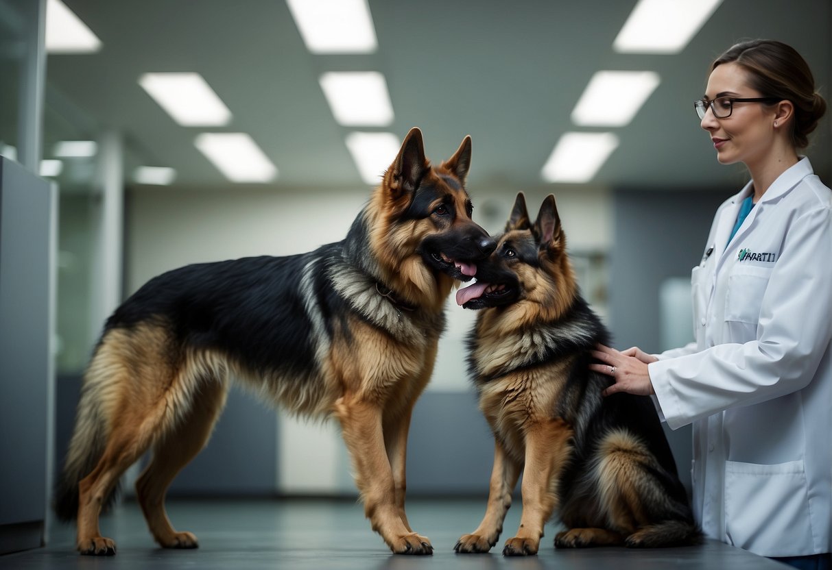 Male and female German Shepherd being checked over by a veterinarian.