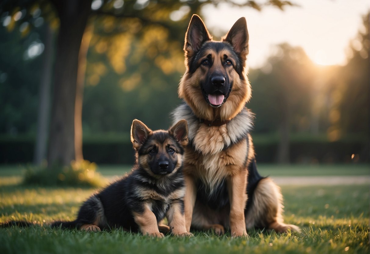 Adult German Shepherd with Puppy in the park.
