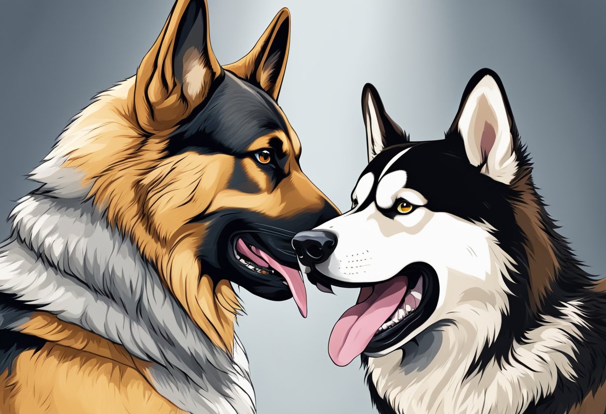 An illustration of a German Shepherd and a Husky sniffing each other