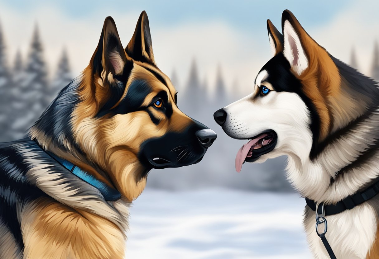 An illustration of a German Shepherd nose to nose with a Husky