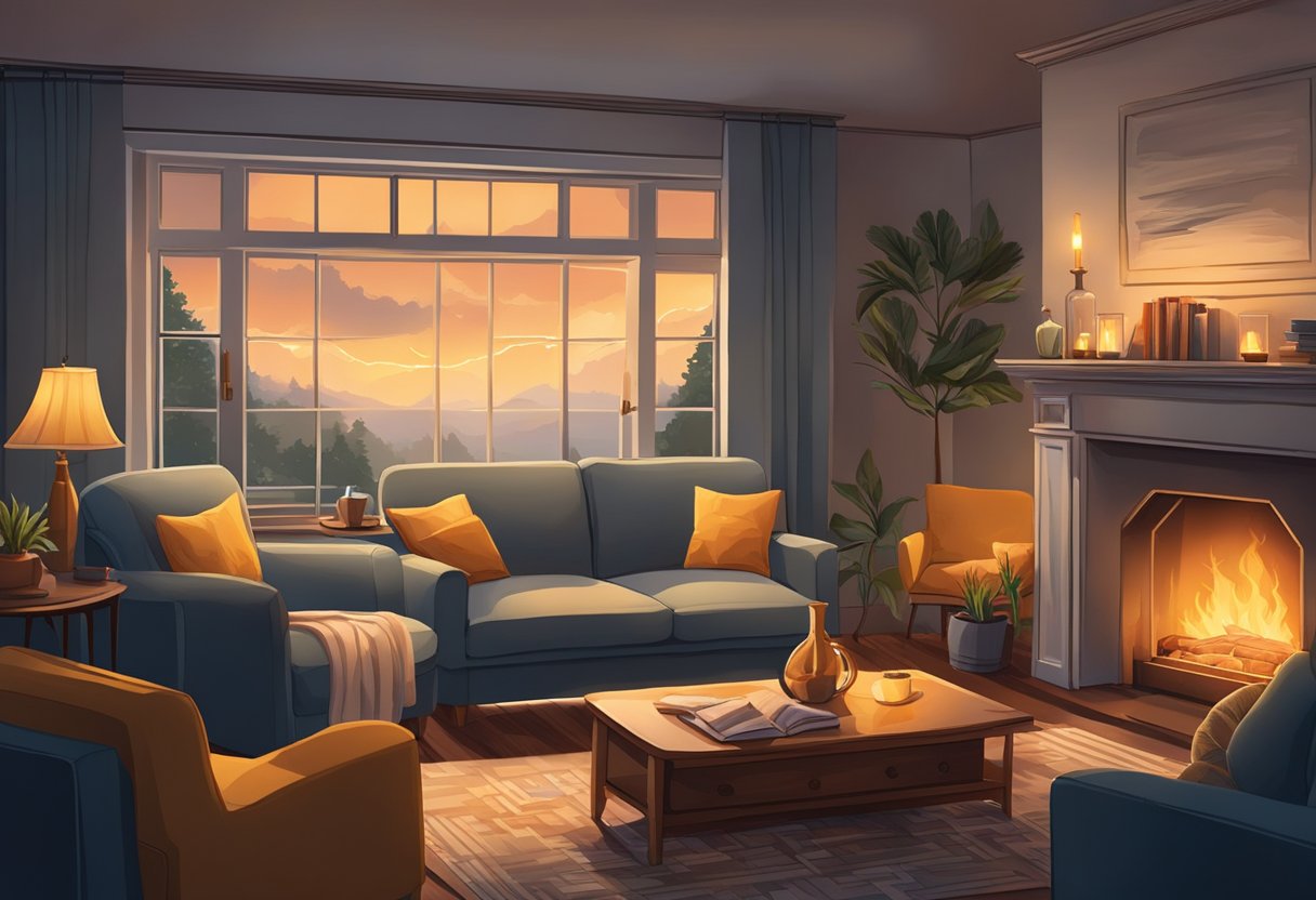A digital illustration of a cozy living room at sunset with a fire burning in the fireplace