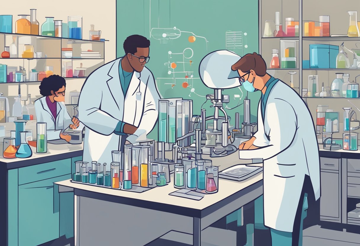 A digital illustration of scientists working in a lab