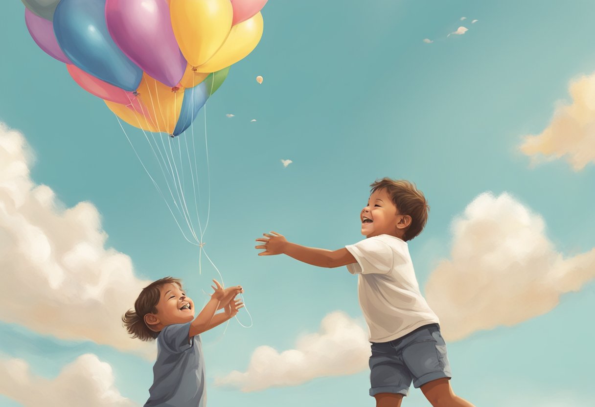 A digital illustration of kids playing with balloons