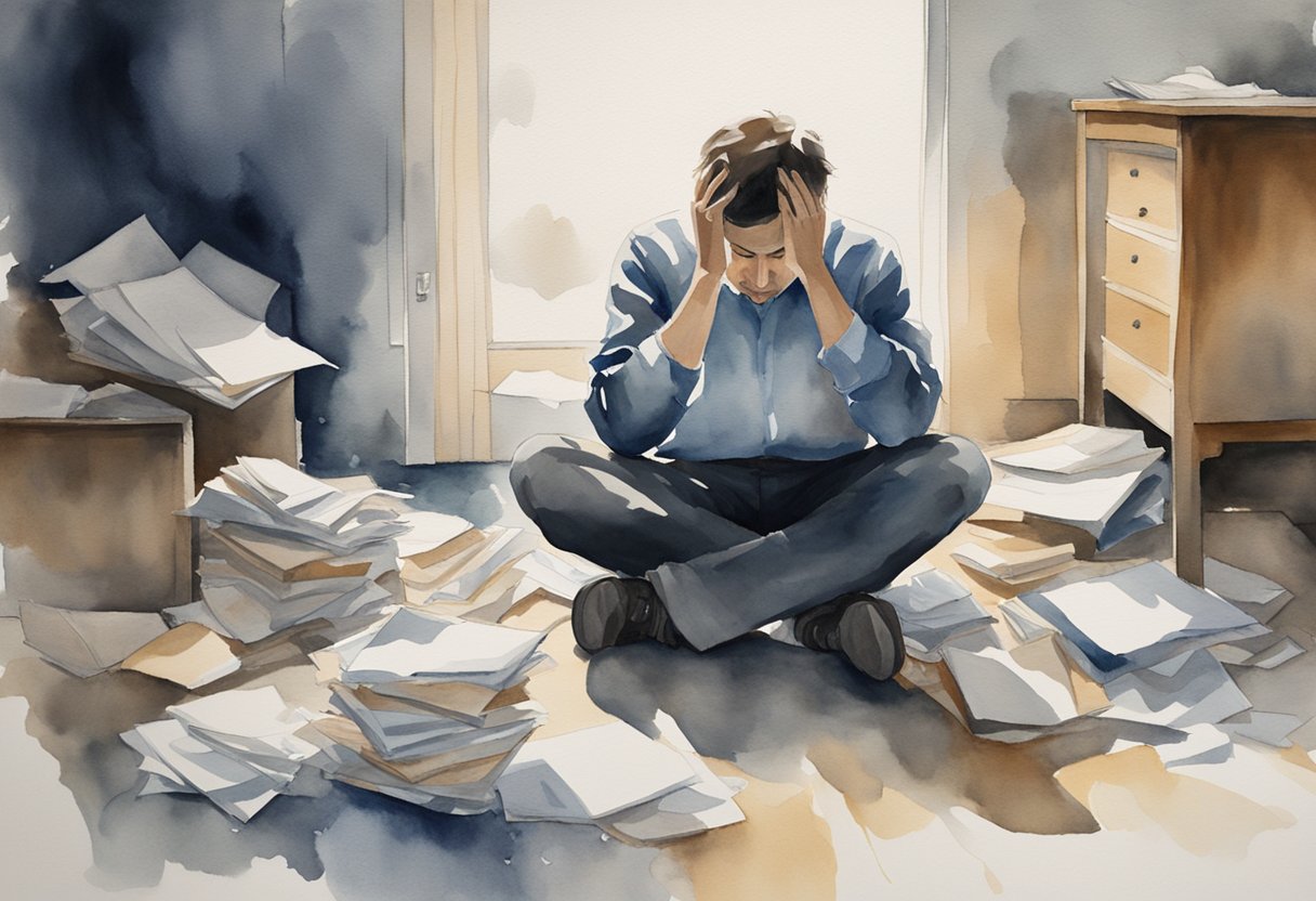 A digital water color of a man sitting on the floor in distress