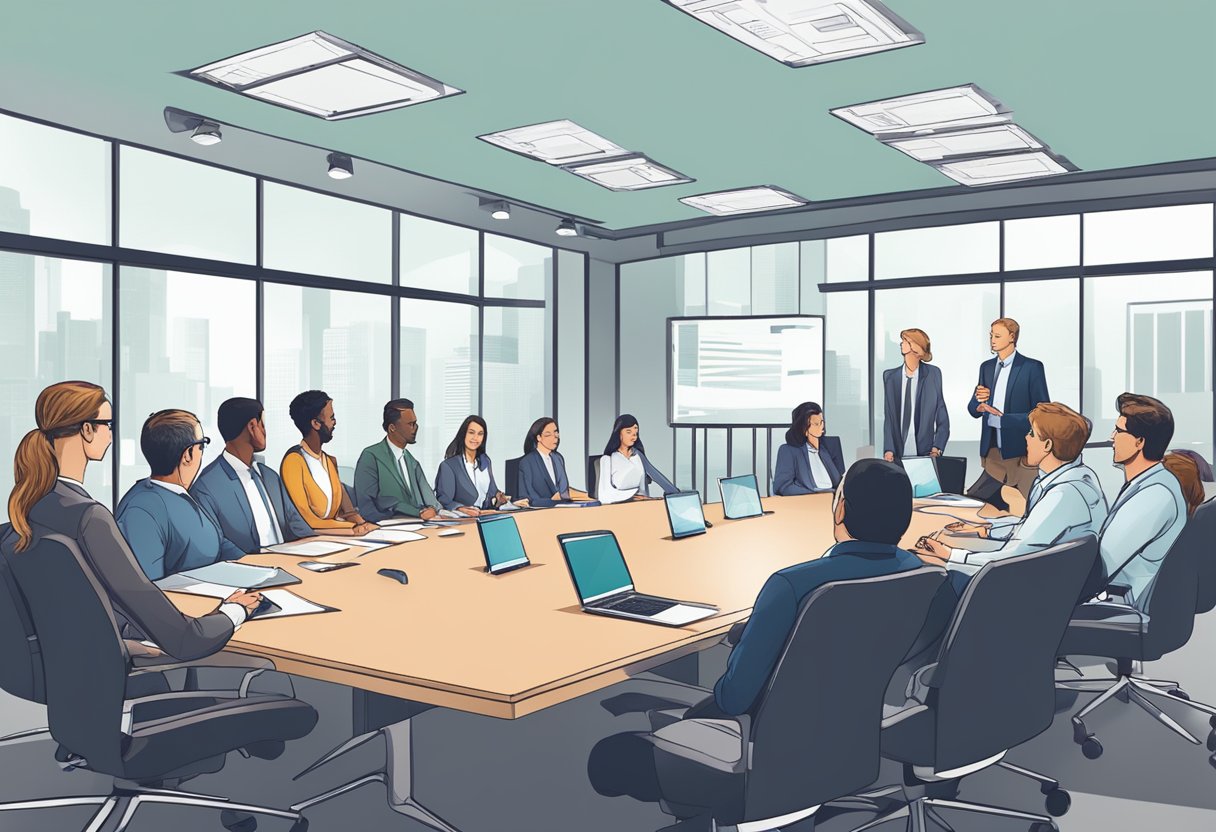 A digital illustration of a board meeting
