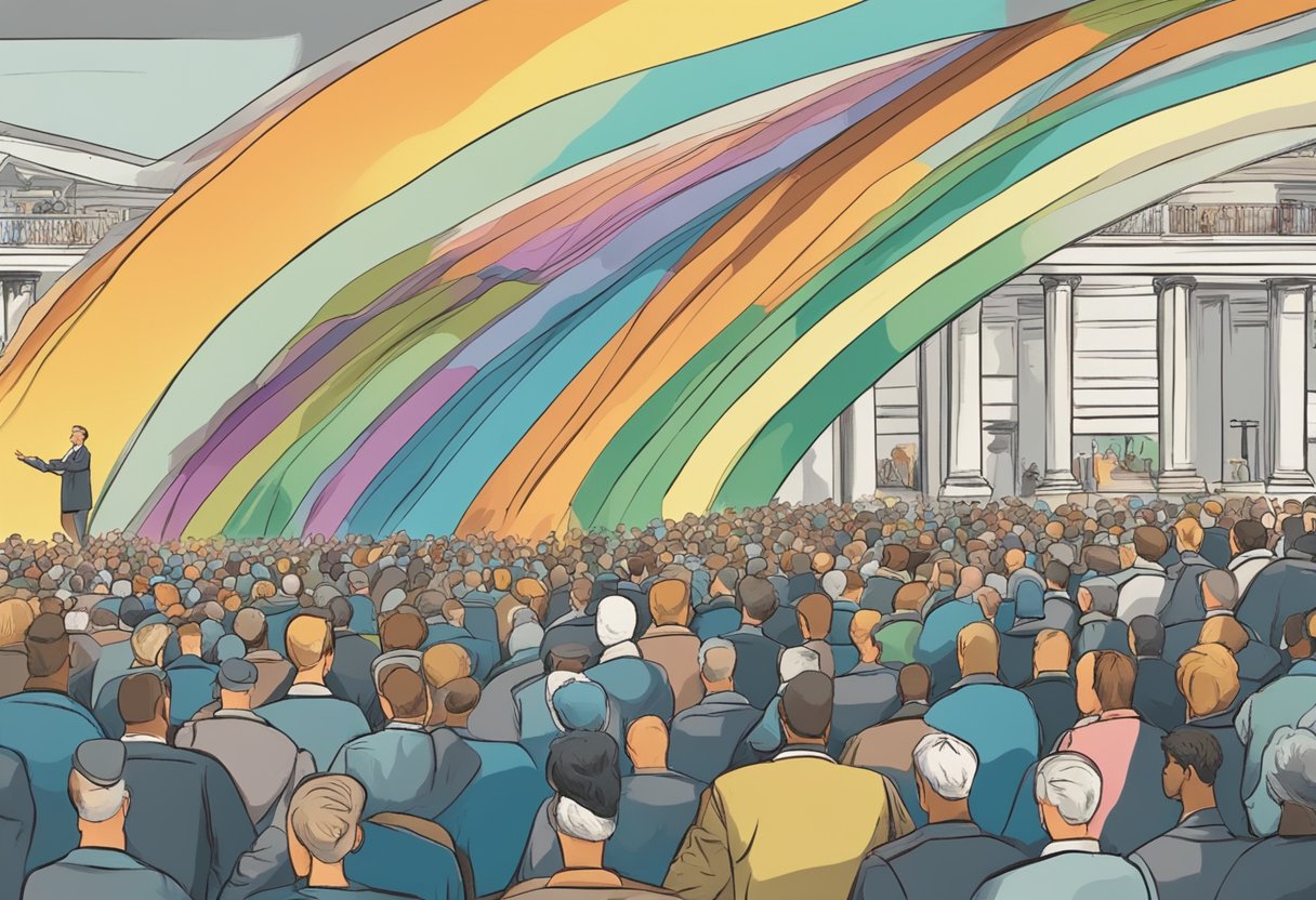 A digital illustration of a influential speaker talking to an audience