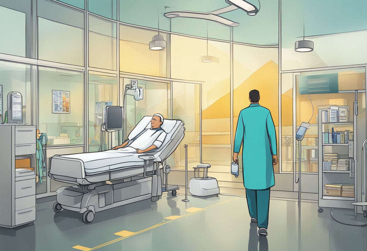 A digital illustration of a man in a hospital bed with a doctor in the room