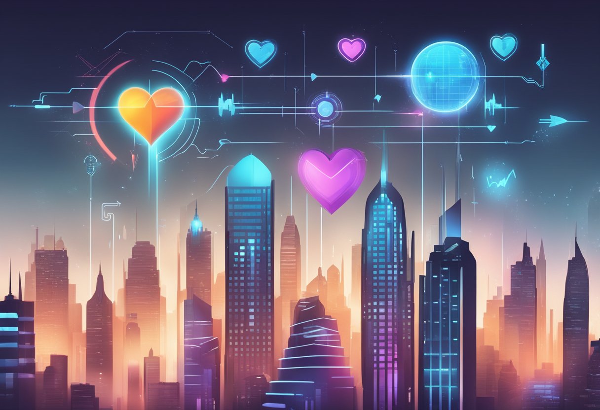 A digital illustration of a city skyline with floating harts 