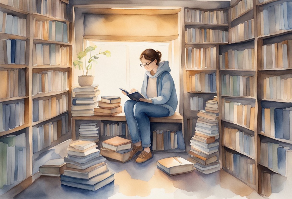 A digital water color of a woman sitting in a window sill reading and surrounded by books