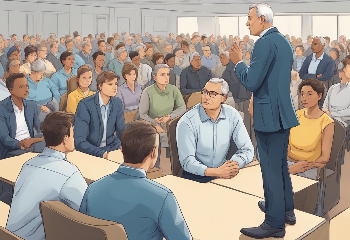 A digital illustration of a man giving a talk in front of a packed room