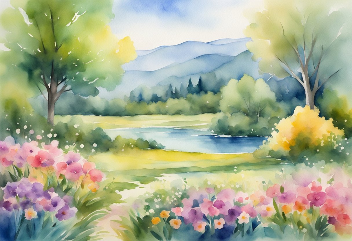 A digital water color of a field of flowers with a lake, trees in the mountains