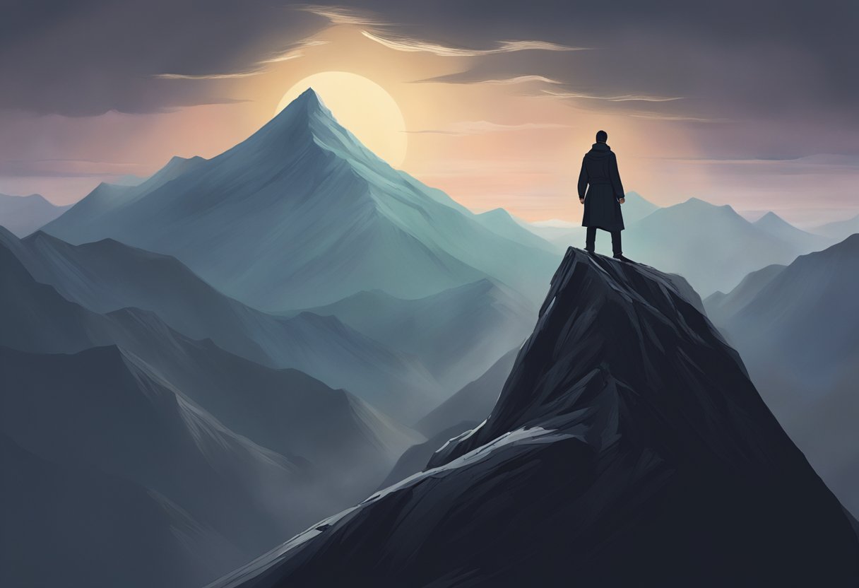 A digital illustration of a man on top of the mountain overlooking the continuing landscape in front of him (metaphor)