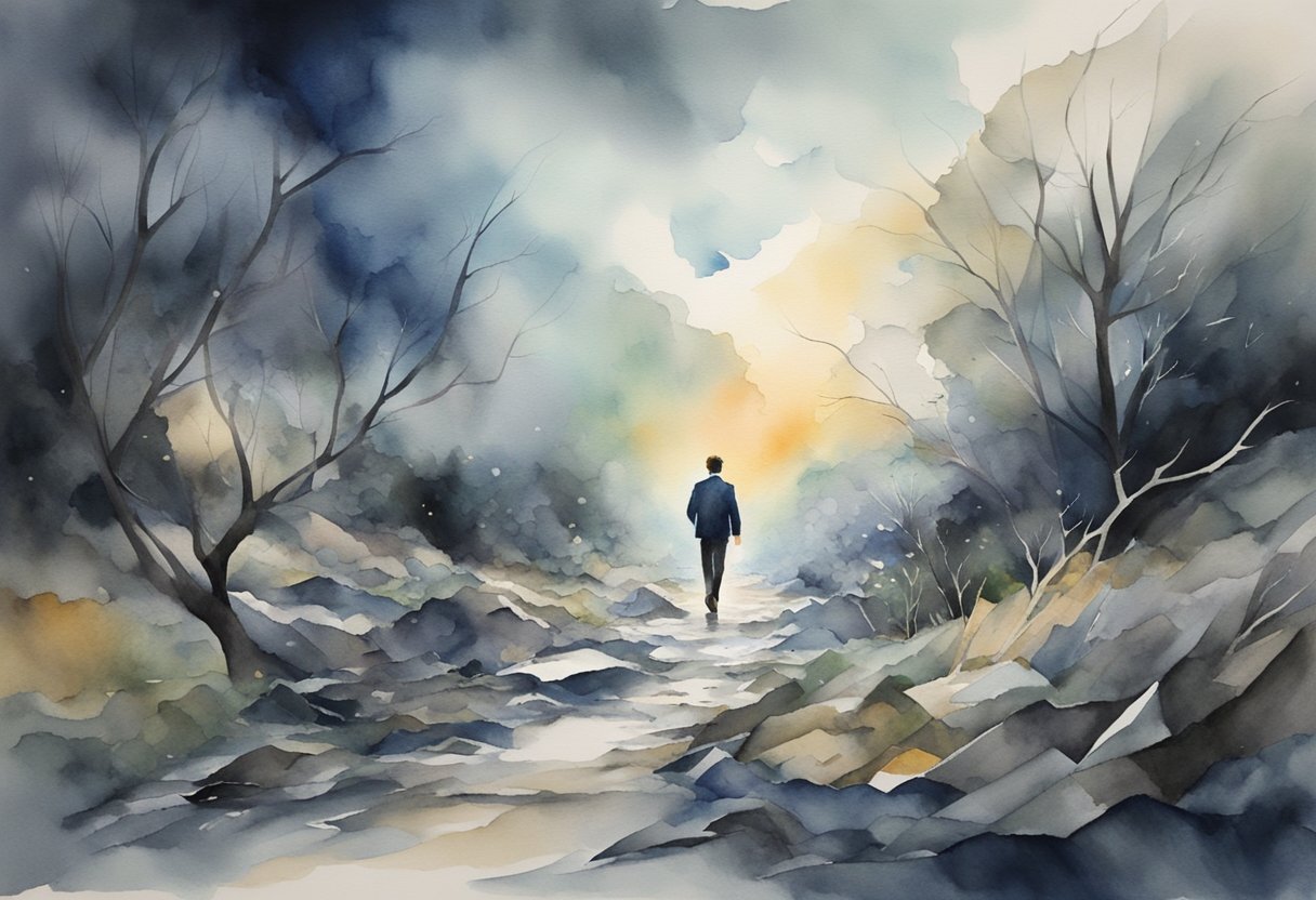 A digital watercolor of a man waling down a dark path