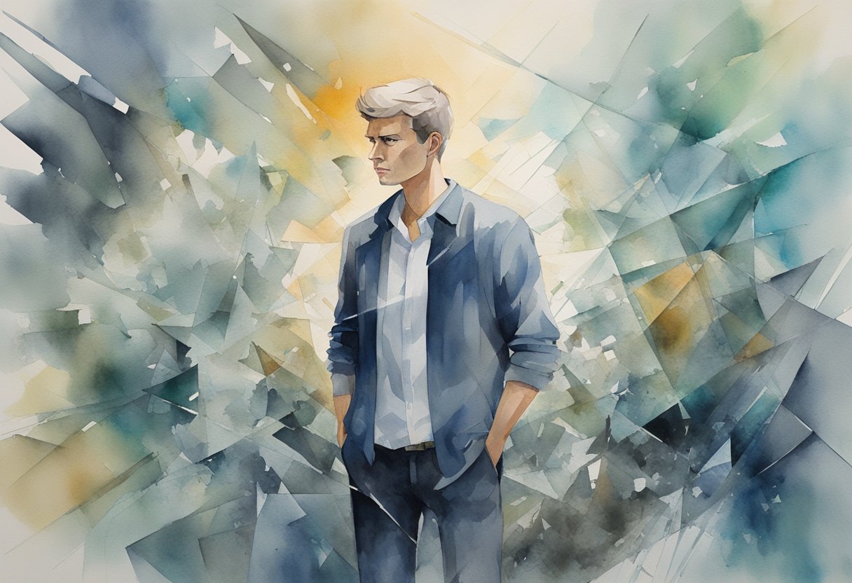 A digital watercolor of a man shattering his own ego. (metaphor)