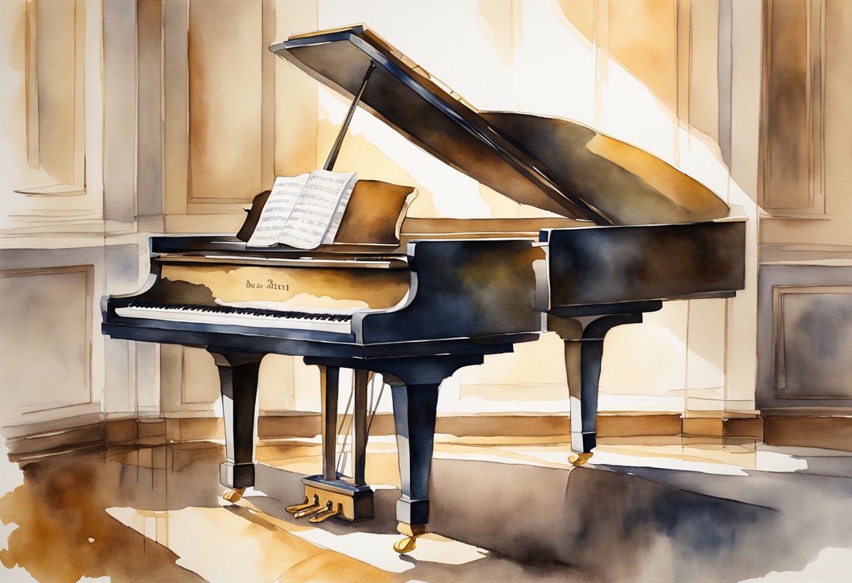 A digital watercolor of a grand piano