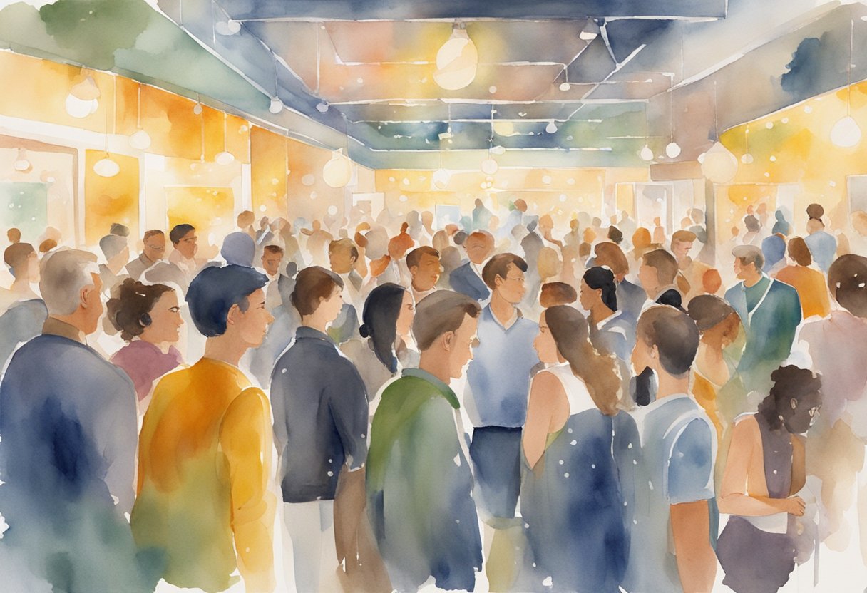 A digital watercolor of many people in a large room