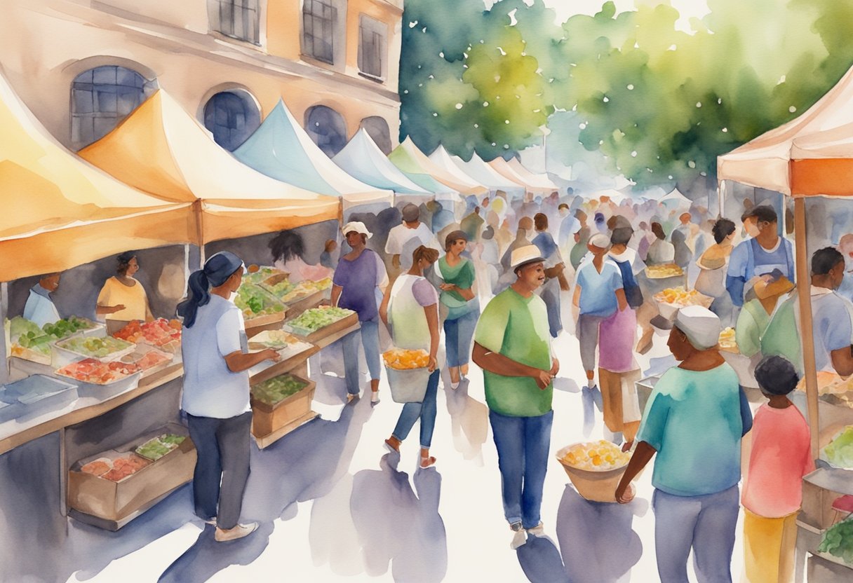 A digital watercolor of people at an outdoor market