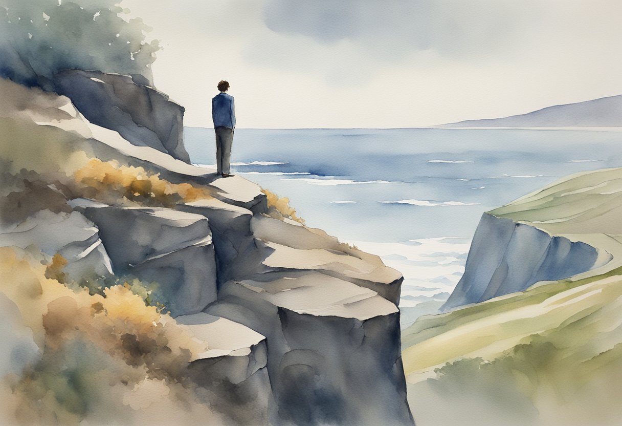 A digital watercolor of a ma standing on the cliffside looking out over the ocean