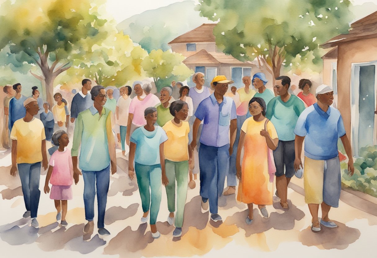 A digital watercolor of community walking through town